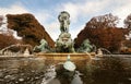 Paris fountain observatory with baroque horses and turtles sculptures in autumn sunny day