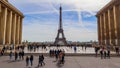 Paris / France - April 05 2019: Beautiful view of Eiffel Tower and cityscape from Trocadero. People at sweeping plaza of the