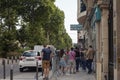 PARIS, FRANCE - APRIL 26, 2022: People queuing in front of a laboratory with a Medical Tests