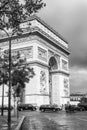 Paris, France, 09/10/2019: Arc de Triomphe. Side view. Black and white. Vertical