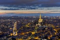 PARIS, FRANCE - AUGUST 28: Aerial view of illuminated Eiffel Tower at night on August 28, 2015 in Paris, France Royalty Free Stock Photo