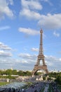 View to the Eiffel Tower and Fountain of Warsaw from Trocadero gardens viewpoint.