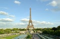 View to the Eiffel Tower and Fountain of Warsaw from Trocadero gardens viewpoint.