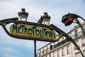 Paris, France. August 2022. Close up of a Metropolitain sign, indicating the entrance to a subway station. The parisian Royalty Free Stock Photo