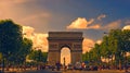 Paris, France  - August 19, 2018.  Paris, France - famous Triumphal Arch located at the end of Champs-Elysees street at sunset. Royalty Free Stock Photo