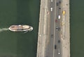 Paris, France - August 28, 2019: Top view from from Eiffel Tower on a bridge and tourist ship on Seine river in Paris Royalty Free Stock Photo