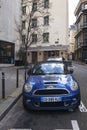 PARIS, FRANCE - 01.08.2024: Blue Mini Cooper car Royalty Free Stock Photo