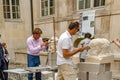 PARIS, FRANCE. Circa april 2016. Exhibition of artisans stone sculptor