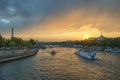 Paris France, sunset at Seine River with Pont Alexandre III bridge and Grand Palais Royalty Free Stock Photo