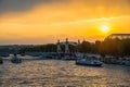 Paris France sunset at Seine River with Pont Alexandre III bridge and Grand Palais Royalty Free Stock Photo