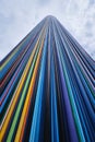 Paris, France, Colorful Moretti column in La Defense. The 30 m high sculpture -La Cheminee- with 700 color tubes