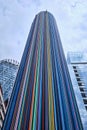 Paris, France, Colorful Moretti column in La Defense. Sculpture -La Cheminee- with 700 color tubes