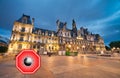 Paris, France. Concept image with large red coronavirus warning sign in front of Hotel de Ville, travel restriction concept, covid Royalty Free Stock Photo