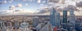 Paris, France - December 09, 2019: Aerial panoramic drone shot of La Defense skycraper in Paris with clouds and sunset Royalty Free Stock Photo