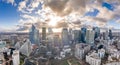 Paris, France - December 09, 2019: Aerial panoramic drone shot of La Defense skycraper in Paris with clouds and sunset Royalty Free Stock Photo