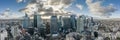 Paris, France - December 09, 2019: Aerial panoramic drone shot of La Defense skycraper in Paris with clouds and sunset Royalty Free Stock Photo