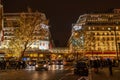 Paris, France - December 1, 2019: Facade of Gelleries Lafayette on boulevard Haussmann with holiday lightings