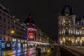 Night view of the landmark Bazar de l\'Hotel de Ville (BHV) Marais department store on Rue de Rivoli in Paris