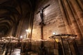 PARIS, FRANCE - DECEMBER 31, 2011:  Notre Dame de Paris cathedral, Interior, panorama of  stained-glass windows, pointed arches, Royalty Free Stock Photo