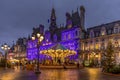 Parisian City Hall Hotel de Ville decorated for Christmas at night