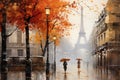 Paris, France. Eiffel Tower in the background. Watercolor painting, A painting depicting a Paris street in autumn with a man Royalty Free Stock Photo