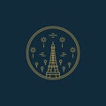 Paris France Eiffel Tower monoline line art badge emblem or new year event logo with fireworks and balloon