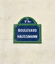 Boulevard Haussmann street sign close-up. Paris, France. Royalty Free Stock Photo