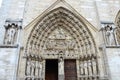 Paris, France - famous Notre Dame cathedral facade saint statues. UNESCO World Heritage Site