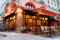 Empty outdoor terrace of Parisian cafe Bar du Marche in Paris city centre on a cloudy winter morning