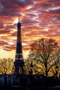 Wide angle view of Egyptian Luxor Obelisk Pillar with hieroglyphics in silhouette at the centre of Place de la Concorde in Paris Royalty Free Stock Photo