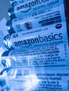 Close-up macro shot of plastic blister with four Amazon Basics Industrial
