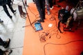 Audio cables on the red carpet at public street event