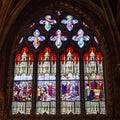 Beautiful stained glass window inside Notre Dame de Paris. Royalty Free Stock Photo