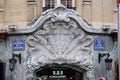 Detail of the facade of a building in Art Nouveau Style on the boulevard Madeleine in Paris