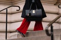 Paris, France - January, 23, 2023: man wears black red pants and Thom Browne alligator bag