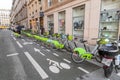 Row of parked Velib bikes, rentable bikes in Paris Royalty Free Stock Photo