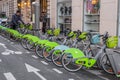 Row of parked Velib bikes, rentable bikes in Paris Royalty Free Stock Photo