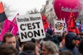 Sign saying in French \'No to the Macron pensions!\' carried during a march against the French retirement reform