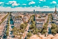 PARIS, FRANCE - JULY 06, 2016 : Beautiful panoramic view of Paris from the roof of the Triumphal Arch. Champs Elysees and the Royalty Free Stock Photo