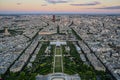 Paris, France, July 1, 2022. Breathtaking view of the city from above, at the foot of the Eiffel Tower in the Champ de Mars Royalty Free Stock Photo