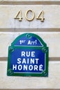 Famous Rue Saint Honore street sign in Paris, France