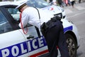 Paris, France - july 14, 2014: French policeman assigned to the surveillance to ensure the security of the citizens during the par