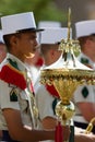 Paris, France-July14, 2011. Legionnaire in the ranks with regimental symbols during the parade on the Champs-Elysees.