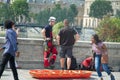 Rescue truck on the Pont Neuf bridge conducts exercises to save people on the water