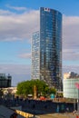 Thumb sculpture by Cesar Baldaccini and tower block in business district Defense view from The Grande Arche