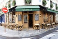 View of typical French cafe Camille in the quarter Marais, the historic Parisian district set on the Right Bank .