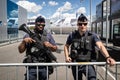 PARIS, FRANCE - JUN 21, 2019: Armed French National Police on guard at the Paris Air Show