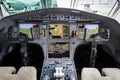 PARIS, FRANCE - JUN 21, 2019: Modern glass cockpit of the Dassault Falcon 2000S business jet at the Paris Air Show