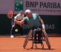 Argentinian wheelchair tennis player Gustavo Fernandez in action during his wheelchair men`s singles final match at Roland Garros