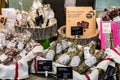 Salami, sausages and delicatessen products on display in a French supermarket. Paris, France